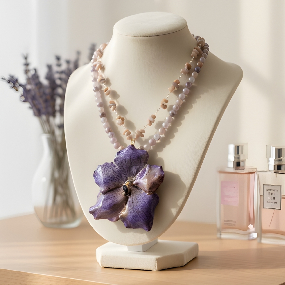 #408 HAND CRAFTED Necklace handcrafted Flower Resin Pearls Purple Beige Sunstone